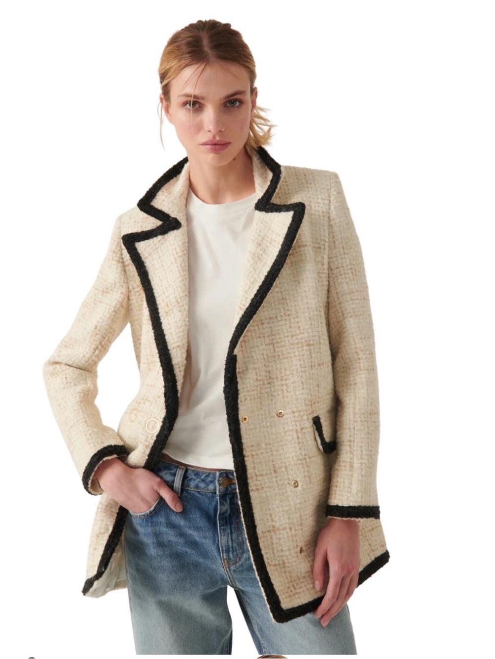 ba&sh Fiara Tweed Coat Size 1 S Ecru Black NWT Gold Button Wool Blend